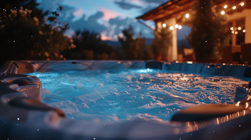 Hot tub glowing at dusk in a Wilmington, NC backyard