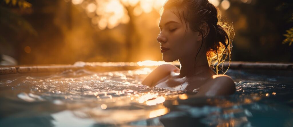 Woman relaxing in a hot tub at golden hour on the Cape Fear coast